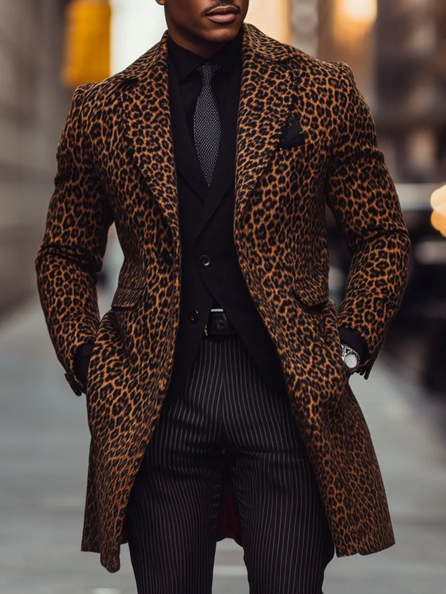 【24-hour shipping】Men's Fashion Leopard Print Lapel Single Breasted Woolen Coat