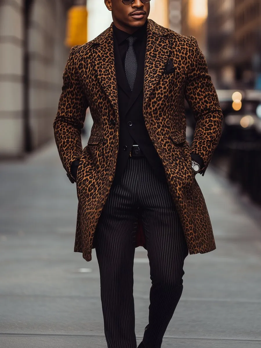 【24-hour shipping】Men's Fashion Leopard Print Lapel Single Breasted Woolen Coat
