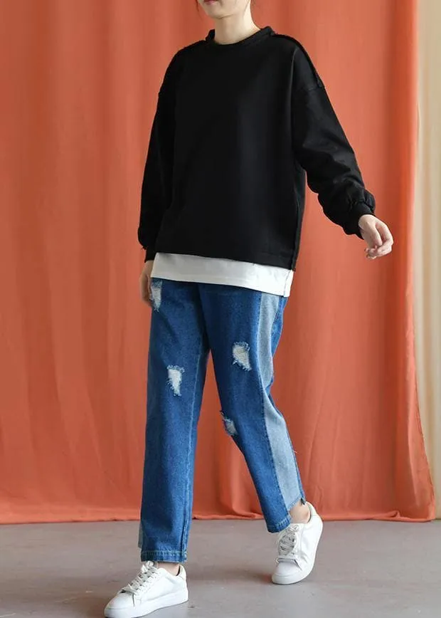 Autumn casual patchwork pants women elastic waist ripped jeans