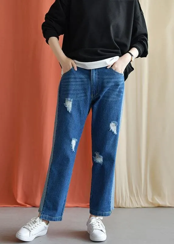 Autumn casual patchwork pants women elastic waist ripped jeans
