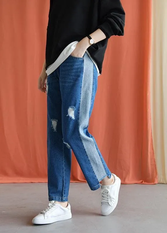 Autumn casual patchwork pants women elastic waist ripped jeans