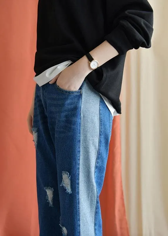 Autumn casual patchwork pants women elastic waist ripped jeans