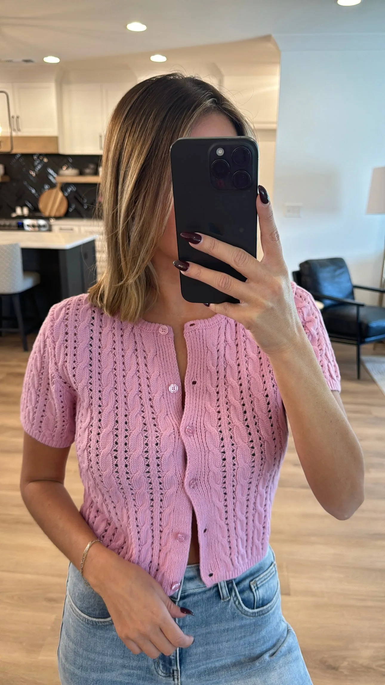 Baby Knit Short Sleeve Cardigan, Pink