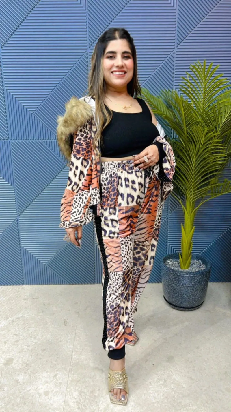 Beautiful Velvet Leopard Cord Set With Swarovski & Fur Work GGR707