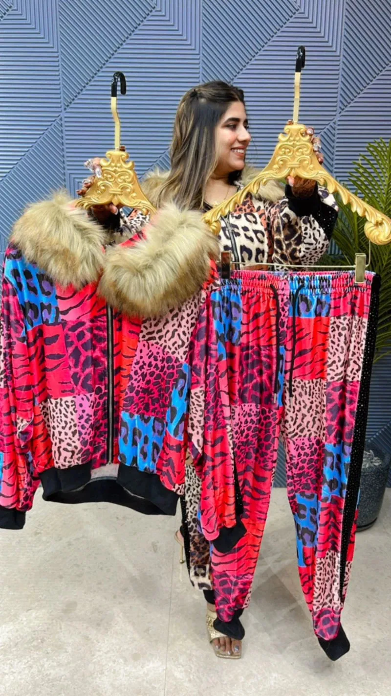 Beautiful Velvet Leopard Cord Set With Swarovski & Fur Work GGR707