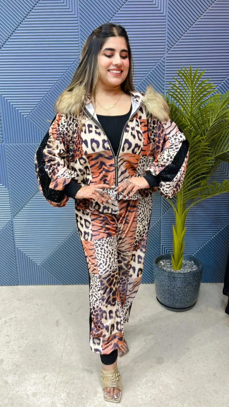 Beautiful Velvet Leopard Cord Set With Swarovski & Fur Work GGR707
