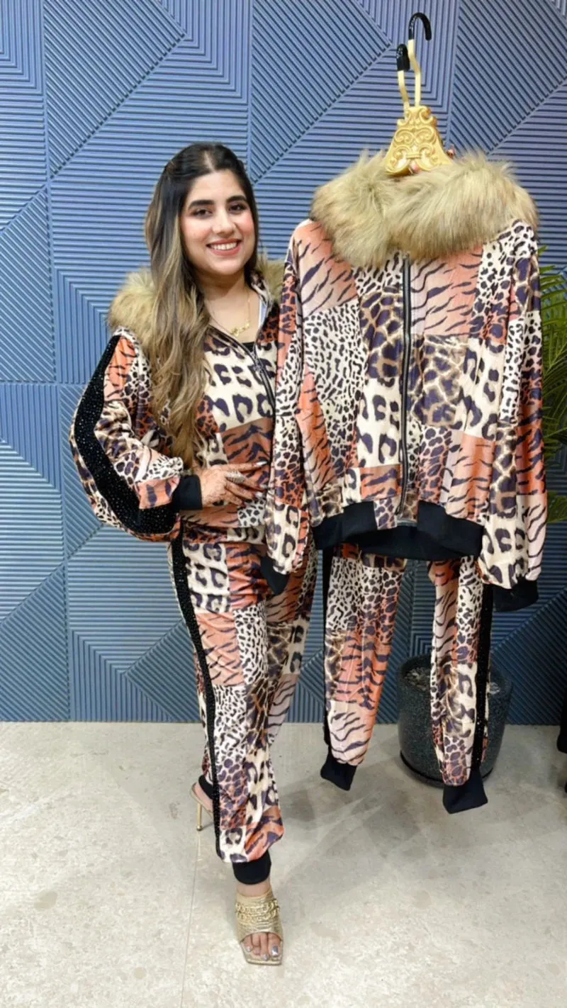 Beautiful Velvet Leopard Cord Set With Swarovski & Fur Work GGR707