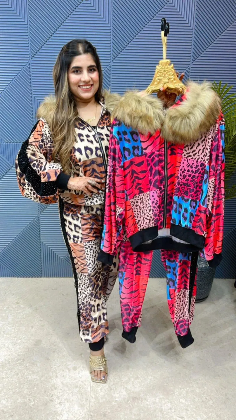 Beautiful Velvet Leopard Cord Set With Swarovski & Fur Work GGR707