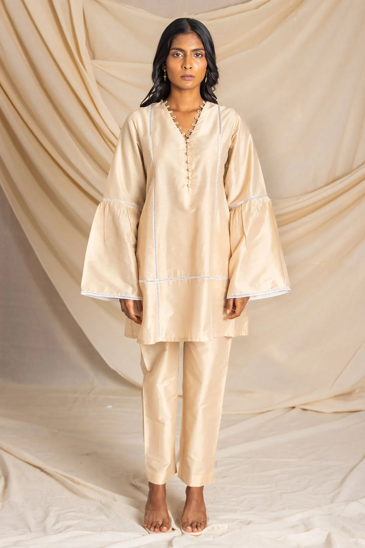 Beige Lace Detail Kurta & Pants