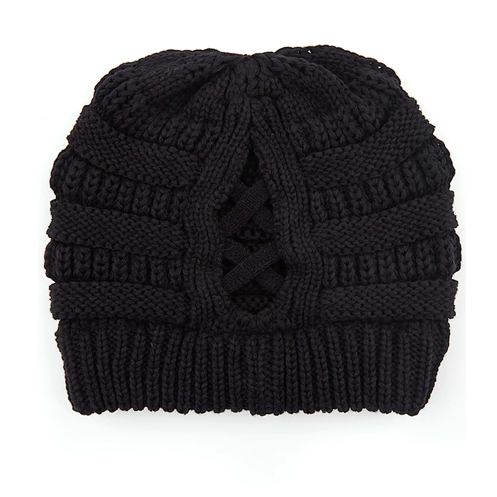 Black Criss Cross Ponytail C.C Cable Knit Beanie Hat