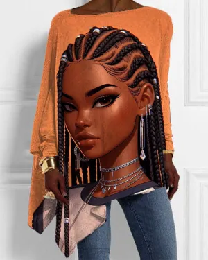 Black Dreadlocks Girl Oil Painting Personality Print Irregular Ladies Top