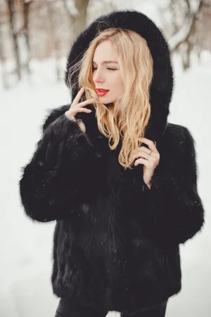 Black Fox Fur Jacket with Hood