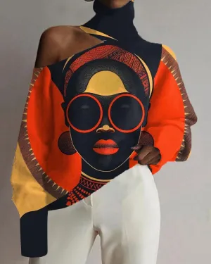 Black Girl Fashion Color Matching Oil Painting Print Off-shoulder Top