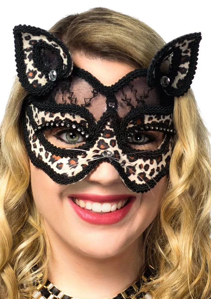 Black Lace and Leopard Print Velvet Luxury Cat Face Masquerade Mask