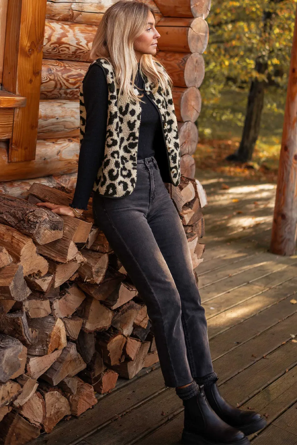 Black Leopard Print Sherpa Vest Coat