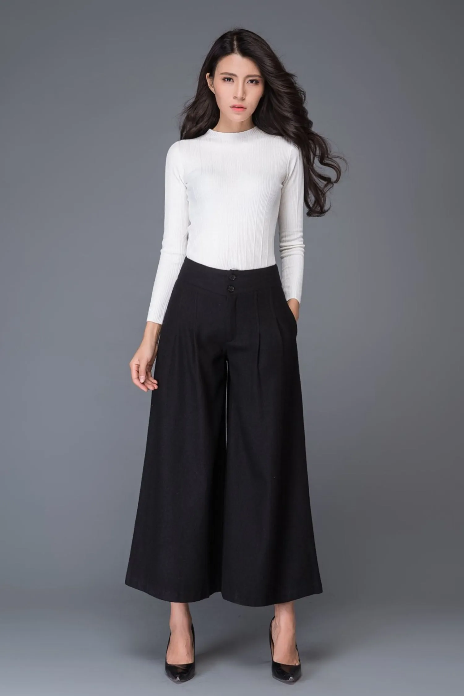 Black midi winter wool pants with pockets C1015