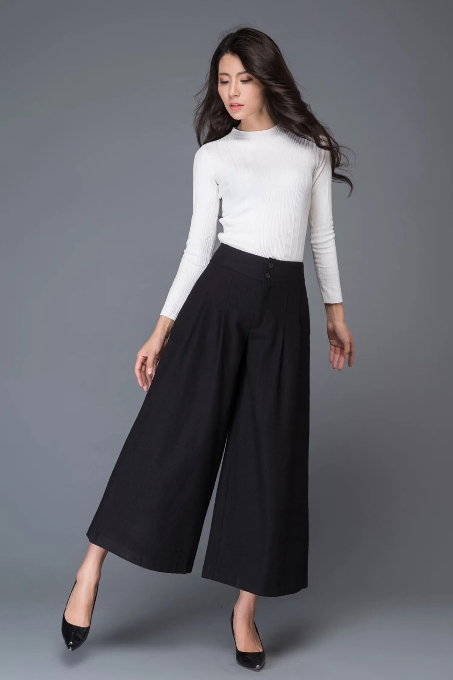 Black midi winter wool pants with pockets C1015