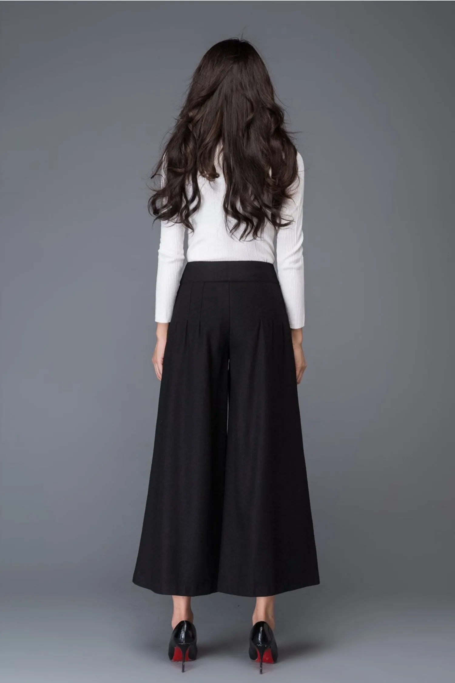 Black midi winter wool pants with pockets C1015