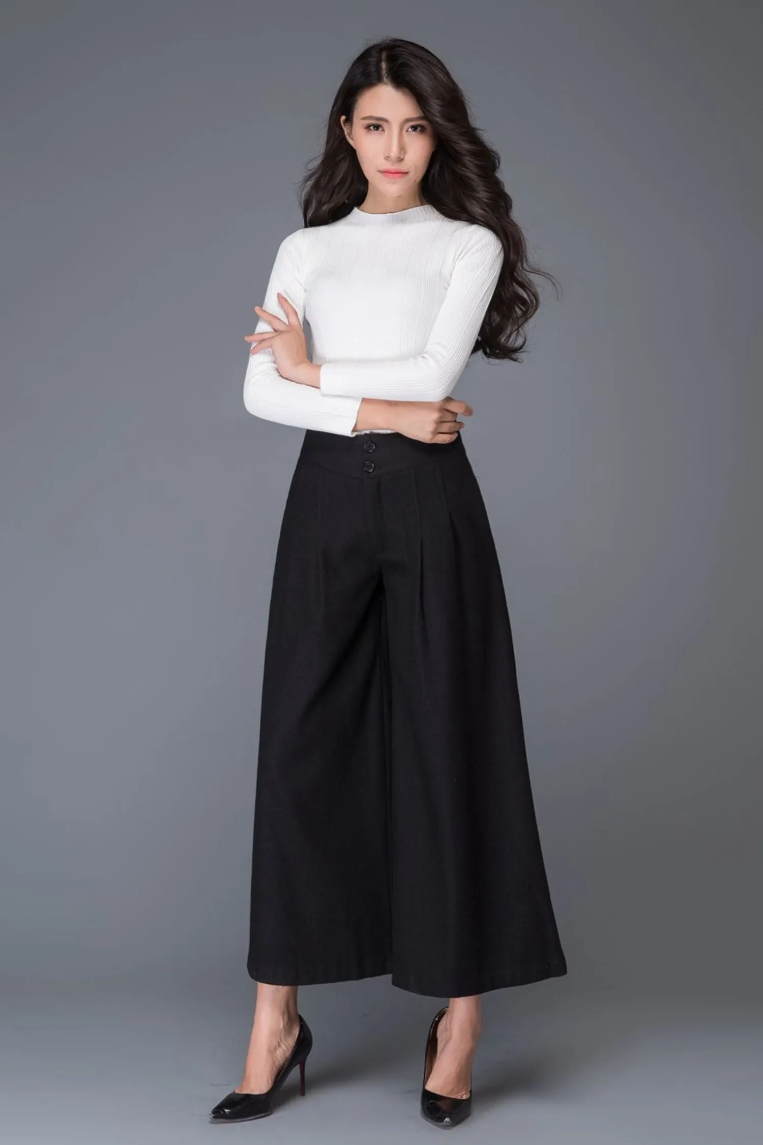 Black midi winter wool pants with pockets C1015