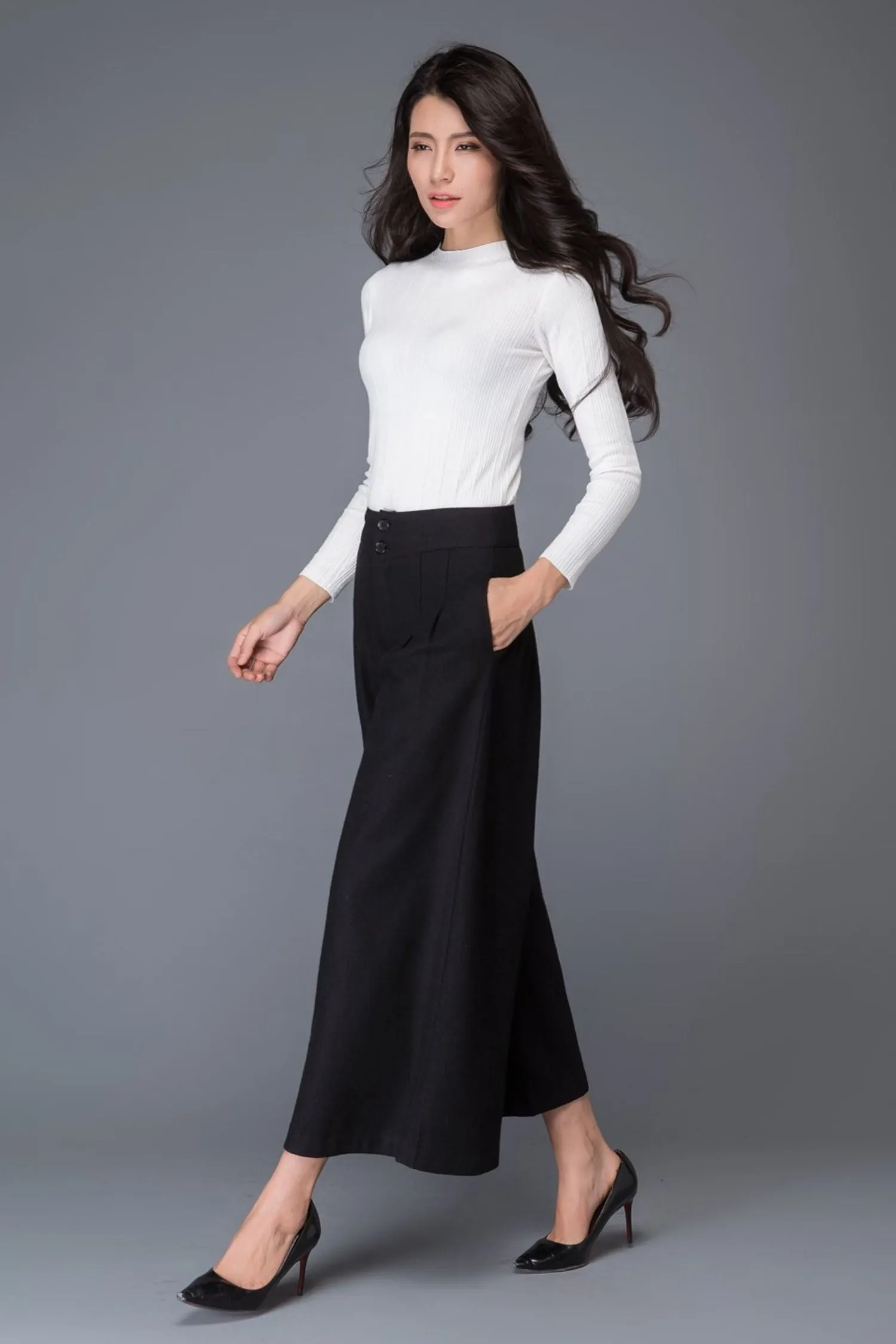 Black midi winter wool pants with pockets C1015