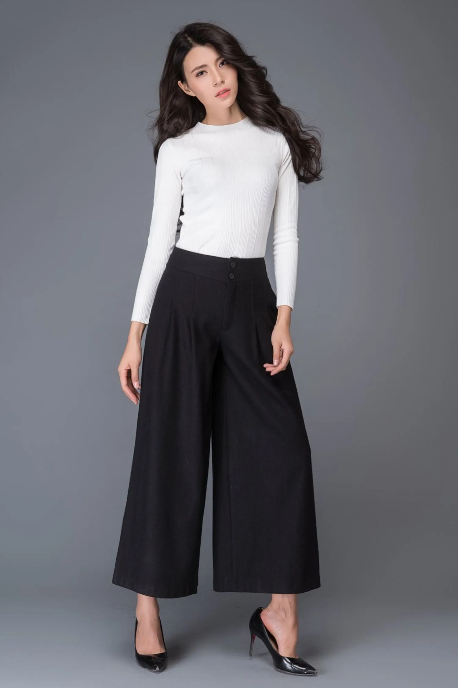 Black midi winter wool pants with pockets C1015