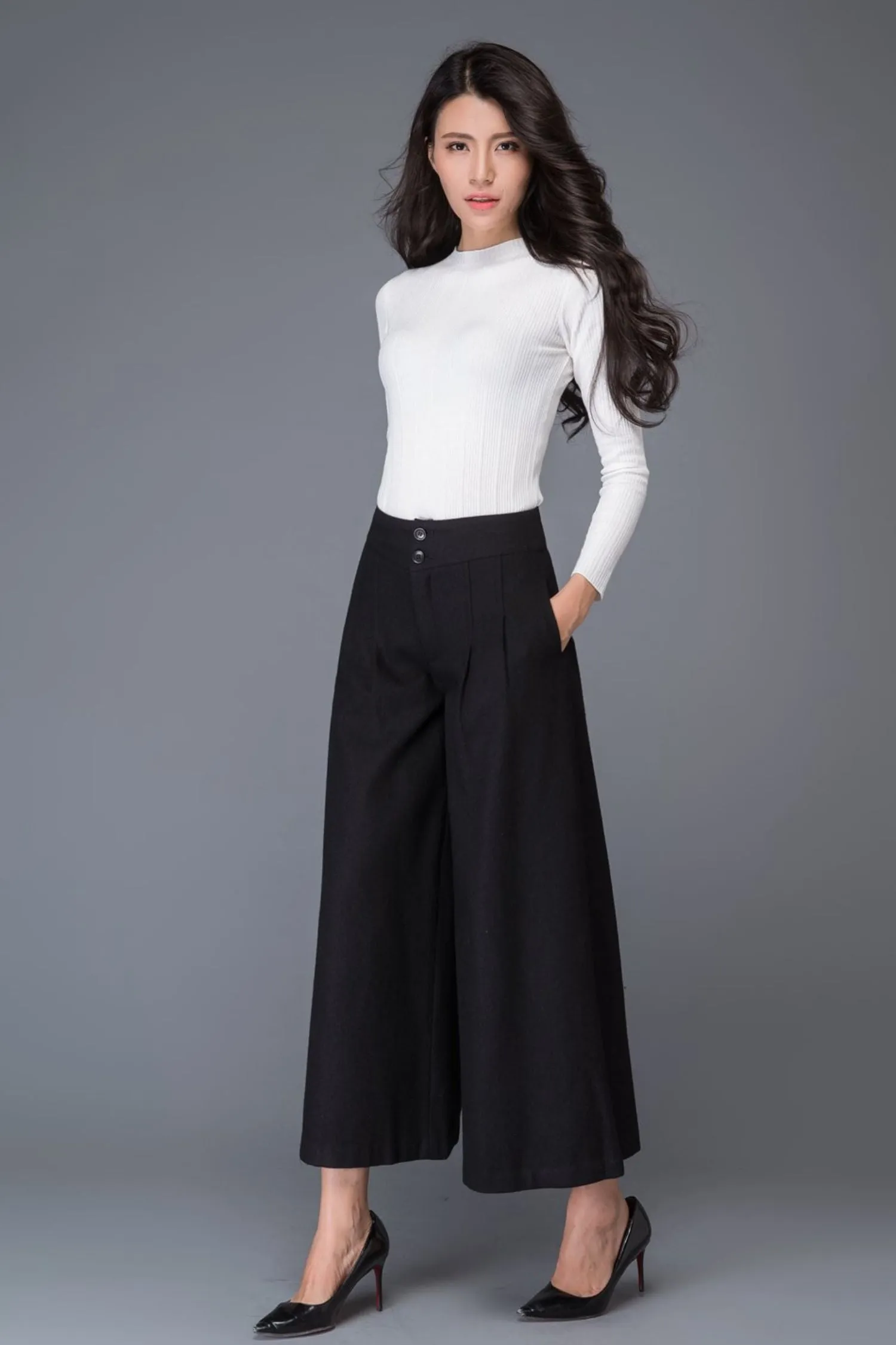 Black midi winter wool pants with pockets C1015