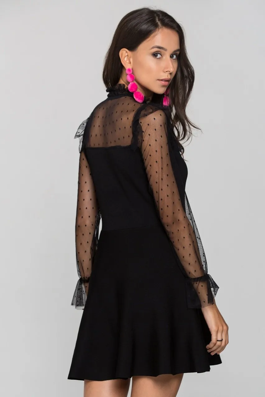 Black Sheer Sleeves Ruffled Neck Mini Dress