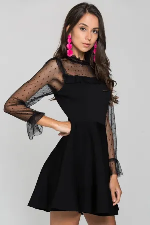 Black Sheer Sleeves Ruffled Neck Mini Dress
