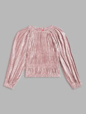 Blue Giraffe Girls Peach Self Design Round Neck Full Sleeves Pullover Style Sweatshirt
