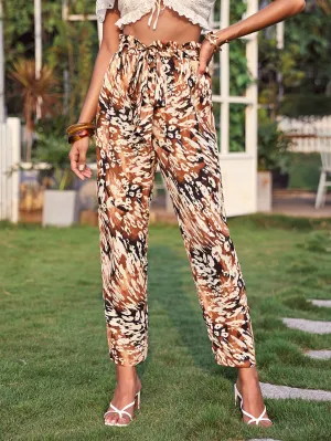 Boho All Over Print Paper Bag Waist High Waist Cropped Women Pants