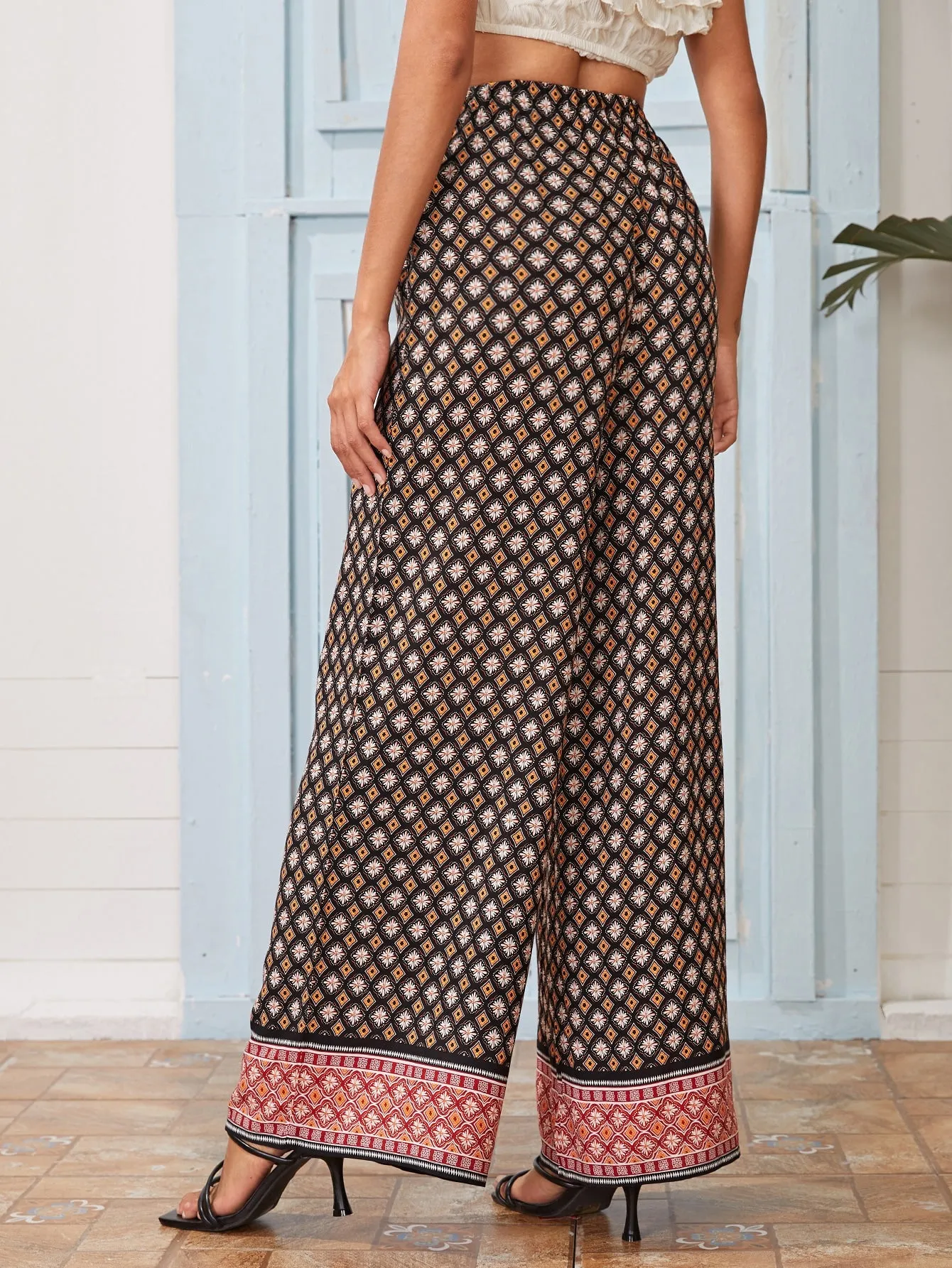 Boho Ditsy Floral Knot High Waist Long Women Pants