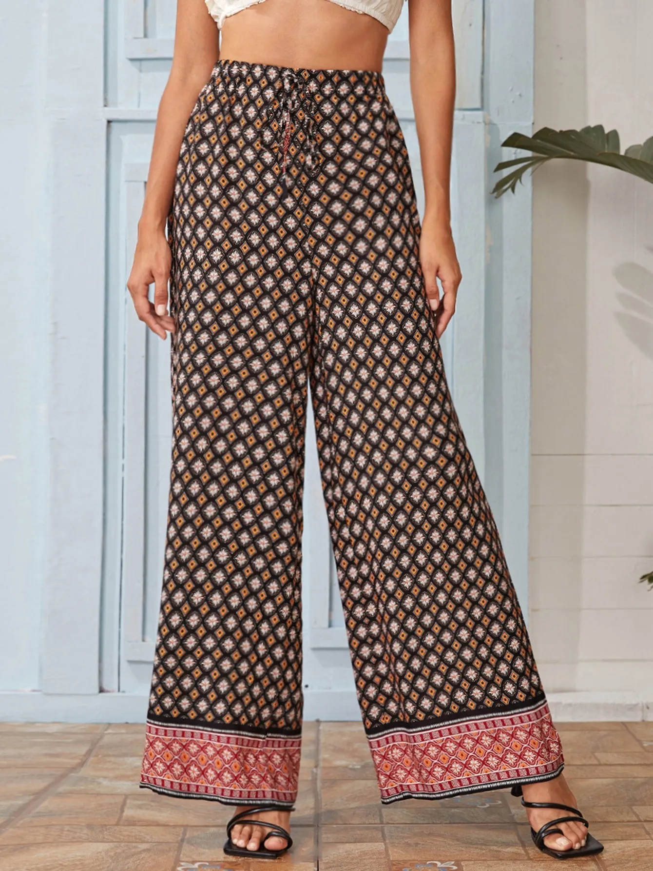 Boho Ditsy Floral Knot High Waist Long Women Pants