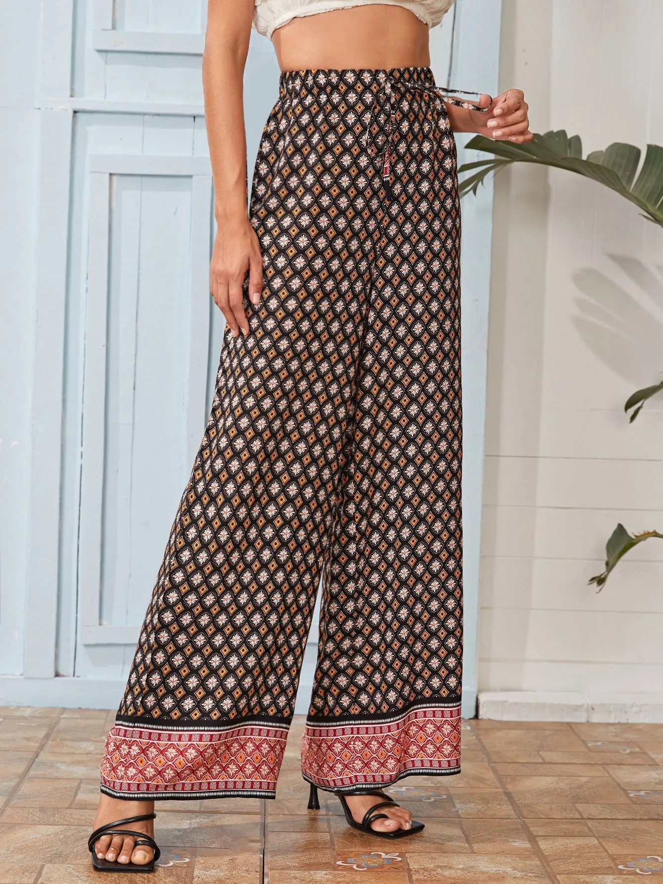 Boho Ditsy Floral Knot High Waist Long Women Pants