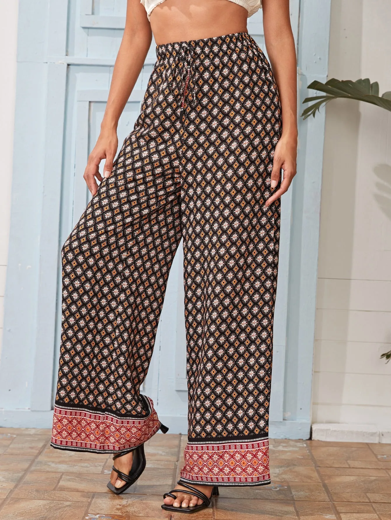 Boho Ditsy Floral Knot High Waist Long Women Pants