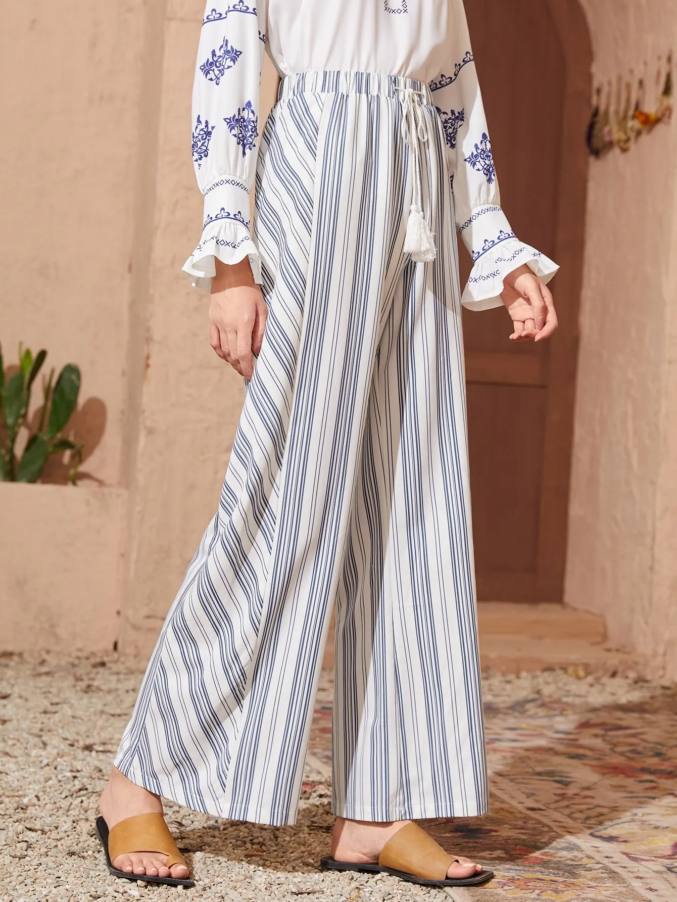 Boho Striped Fringe High Waist Long Women Pants