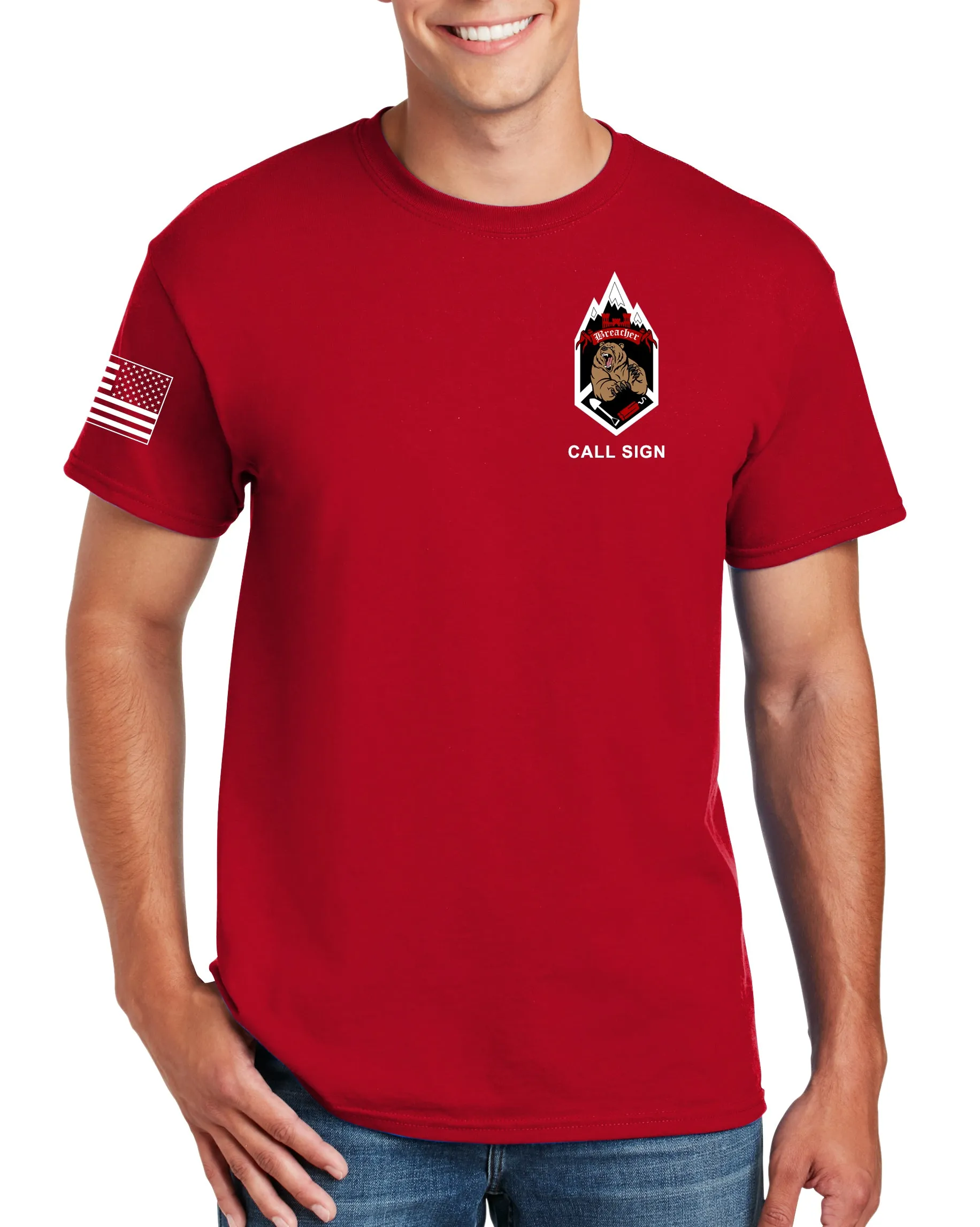 Born to Breach 50-50 Blend Red Unisex PT Short Sleeve Shirt. Approved for PT