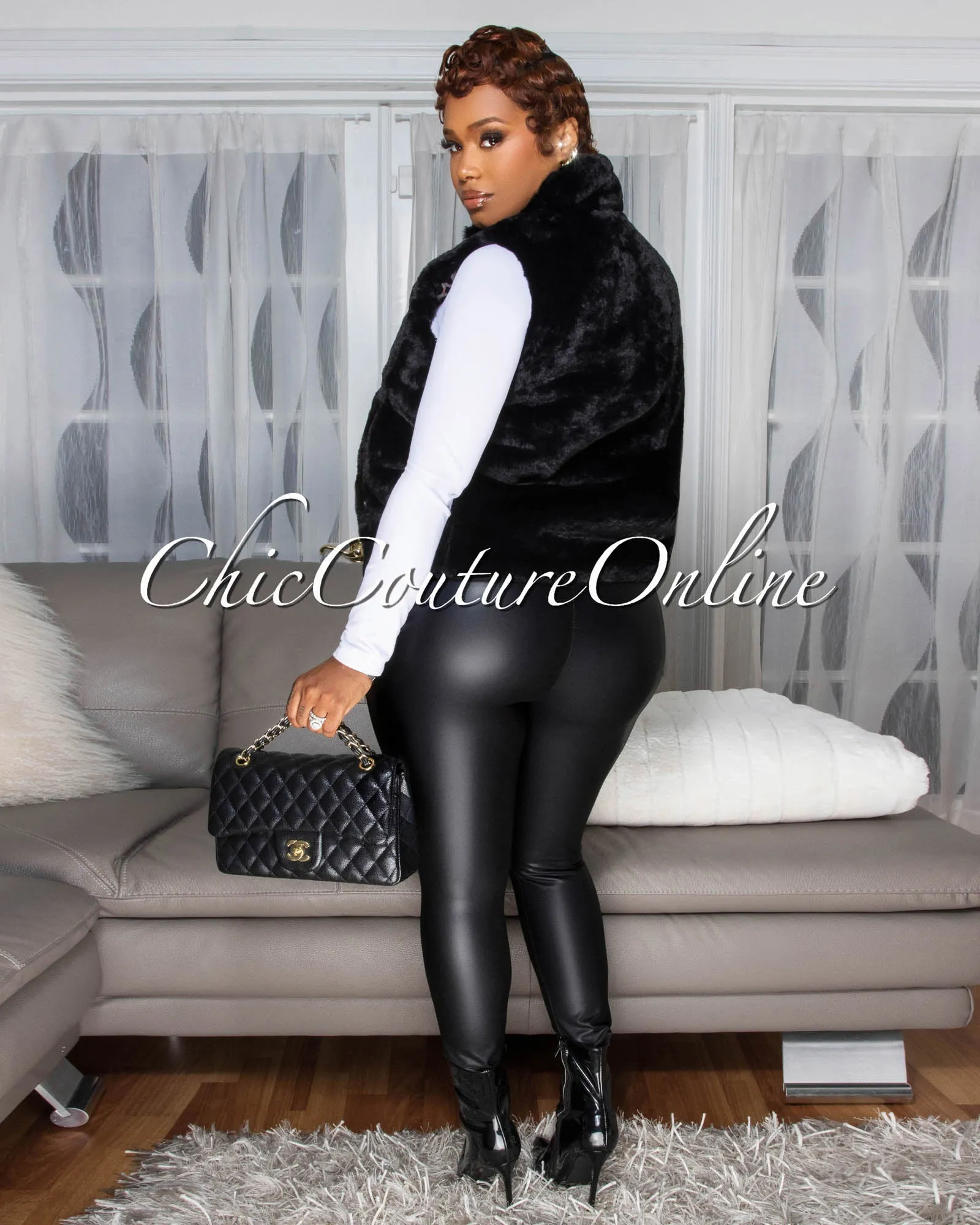Calline Black Faux-Fur Reversible (Leopard Print) Vest