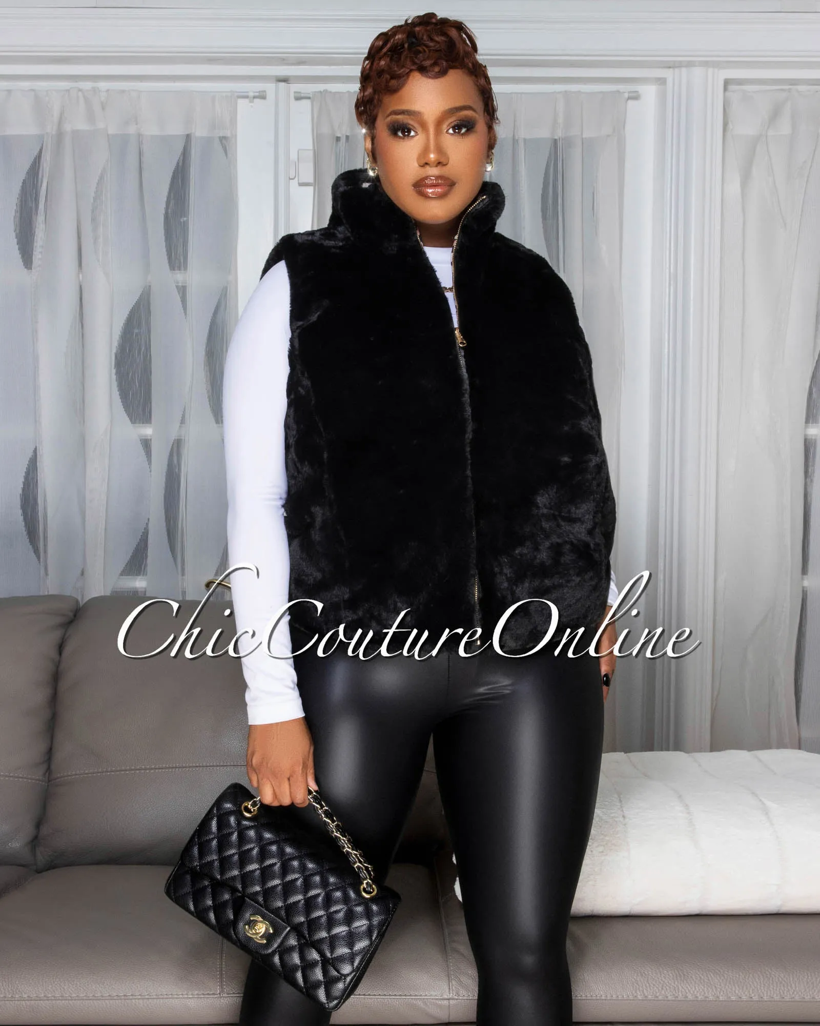 Calline Black Faux-Fur Reversible (Leopard Print) Vest