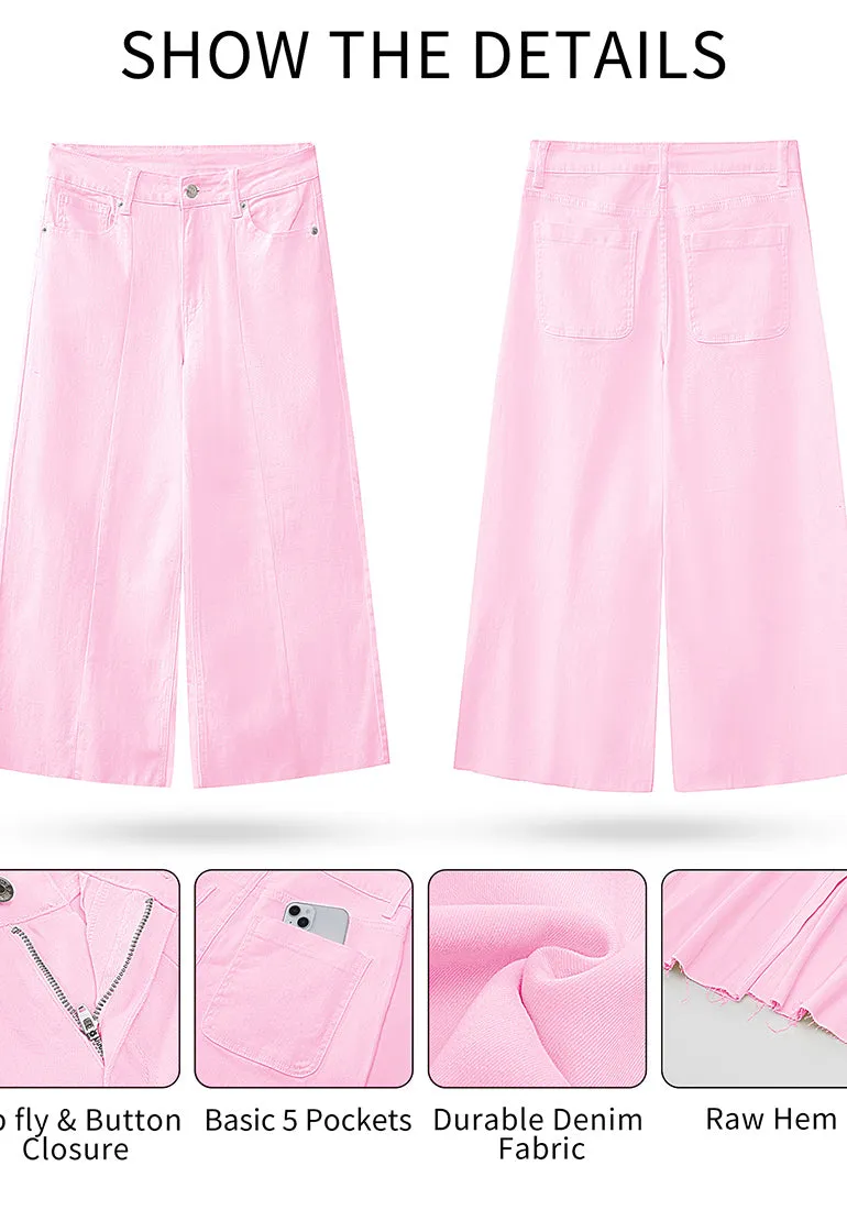 Candy Pink Women's High Waisted Denim Capri Pants Seamed Front Raw Hem