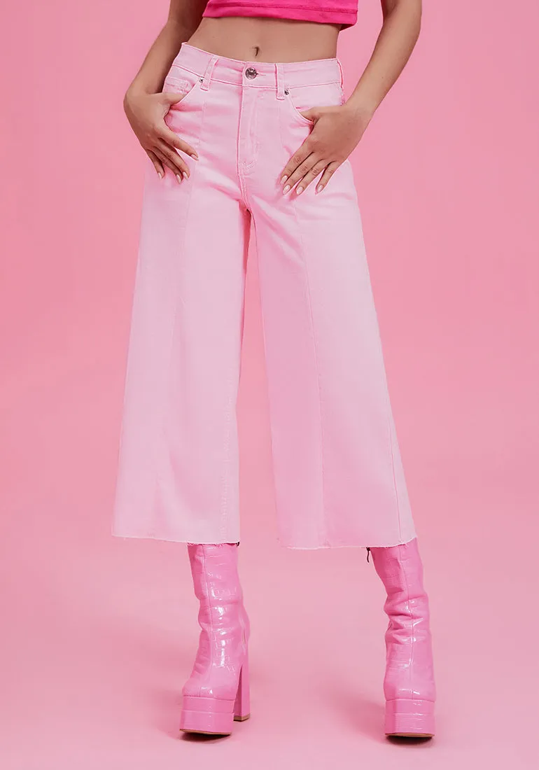 Candy Pink Women's High Waisted Denim Capri Pants Seamed Front Raw Hem
