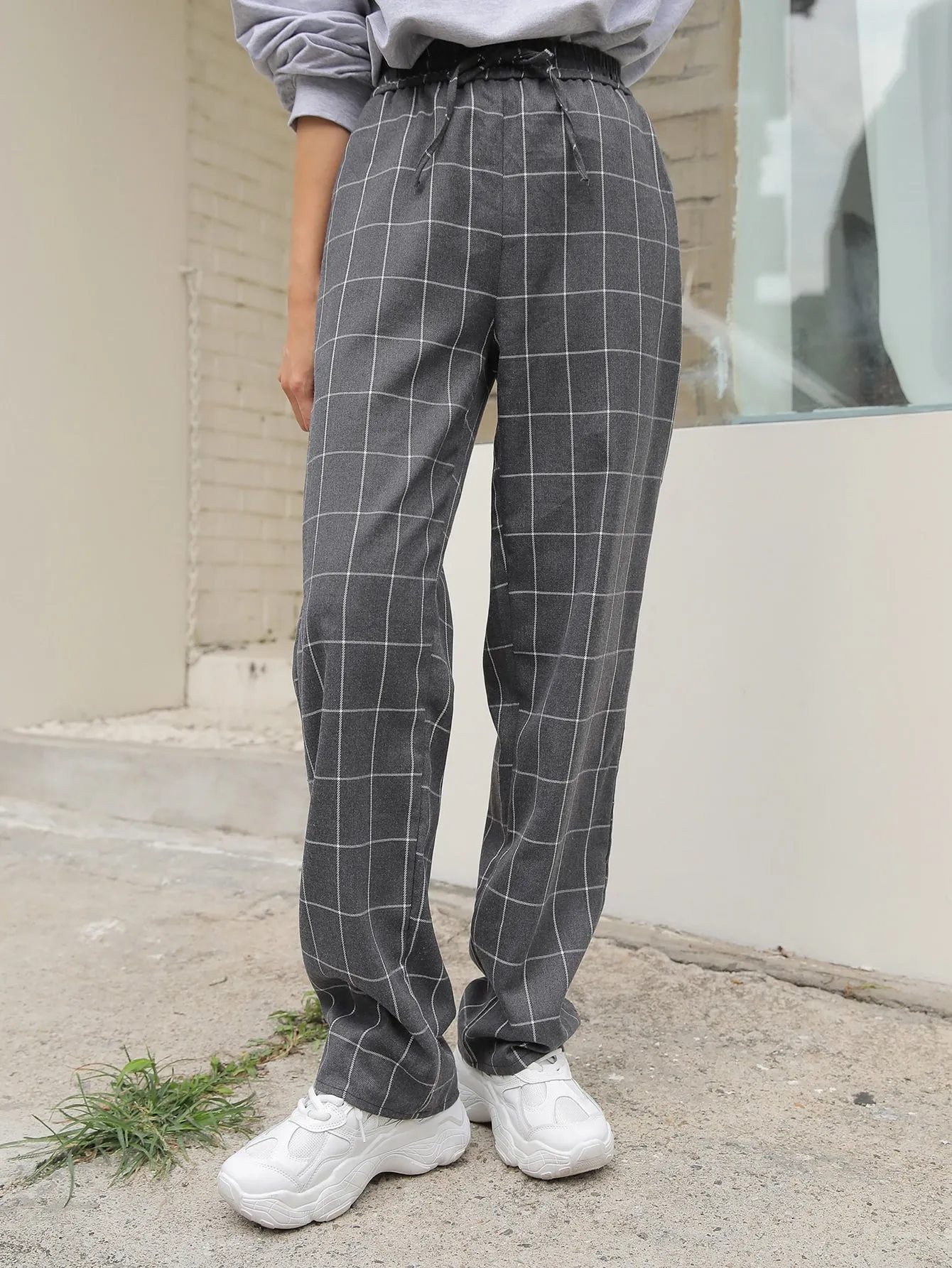 Casual Plaid Knot High Waist Long Women Pants