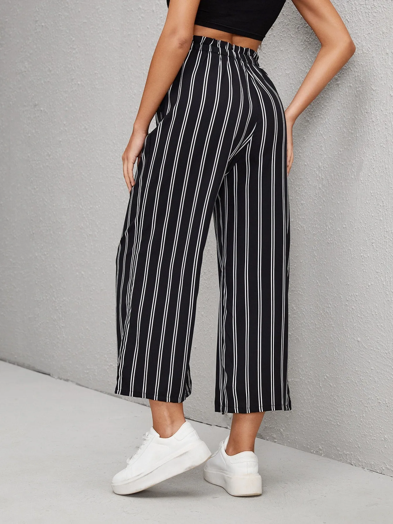 Casual Striped Paper Bag Waist High Waist Cropped Women Pants