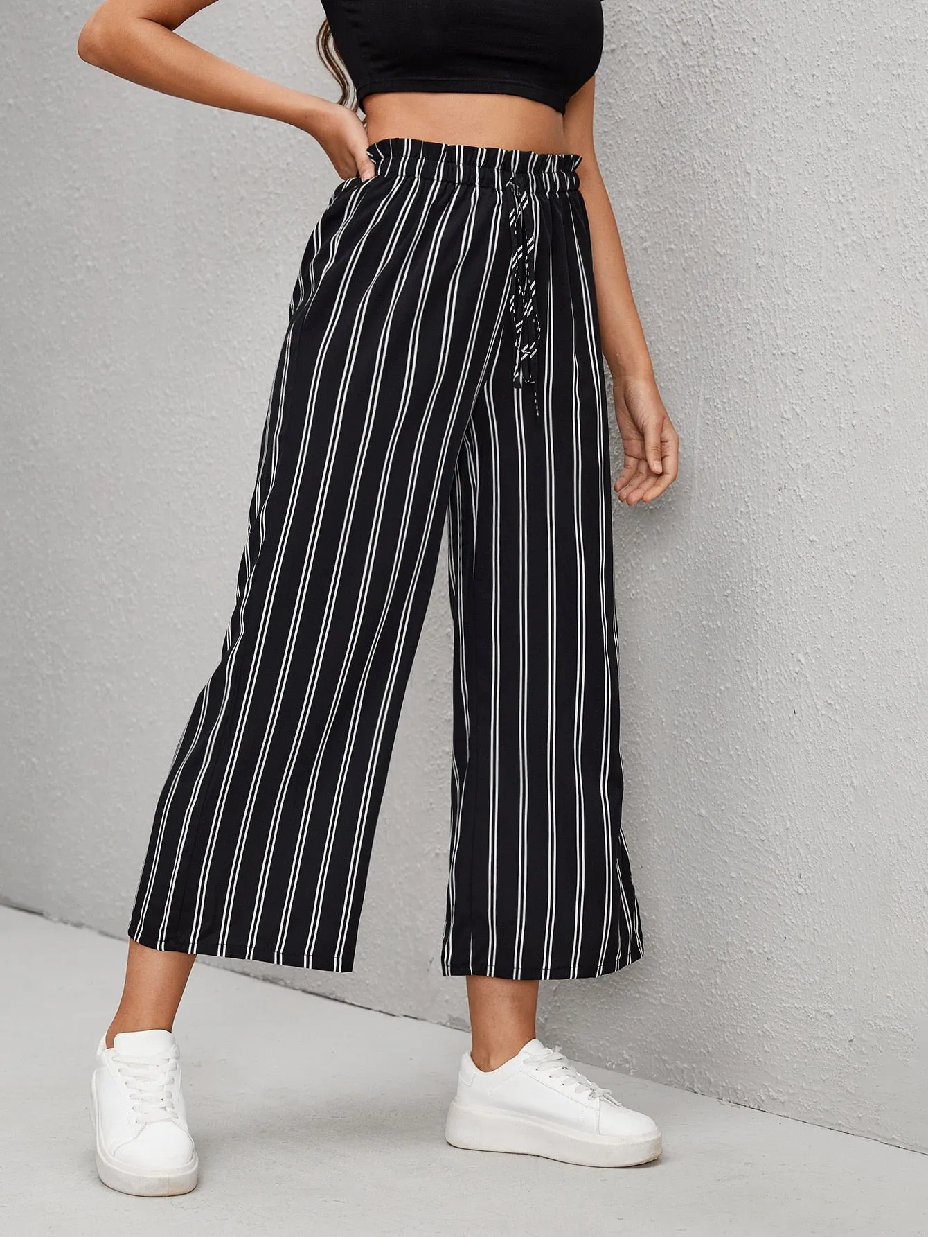 Casual Striped Paper Bag Waist High Waist Cropped Women Pants