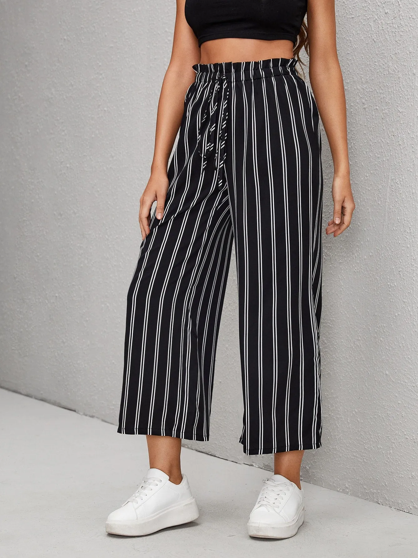 Casual Striped Paper Bag Waist High Waist Cropped Women Pants