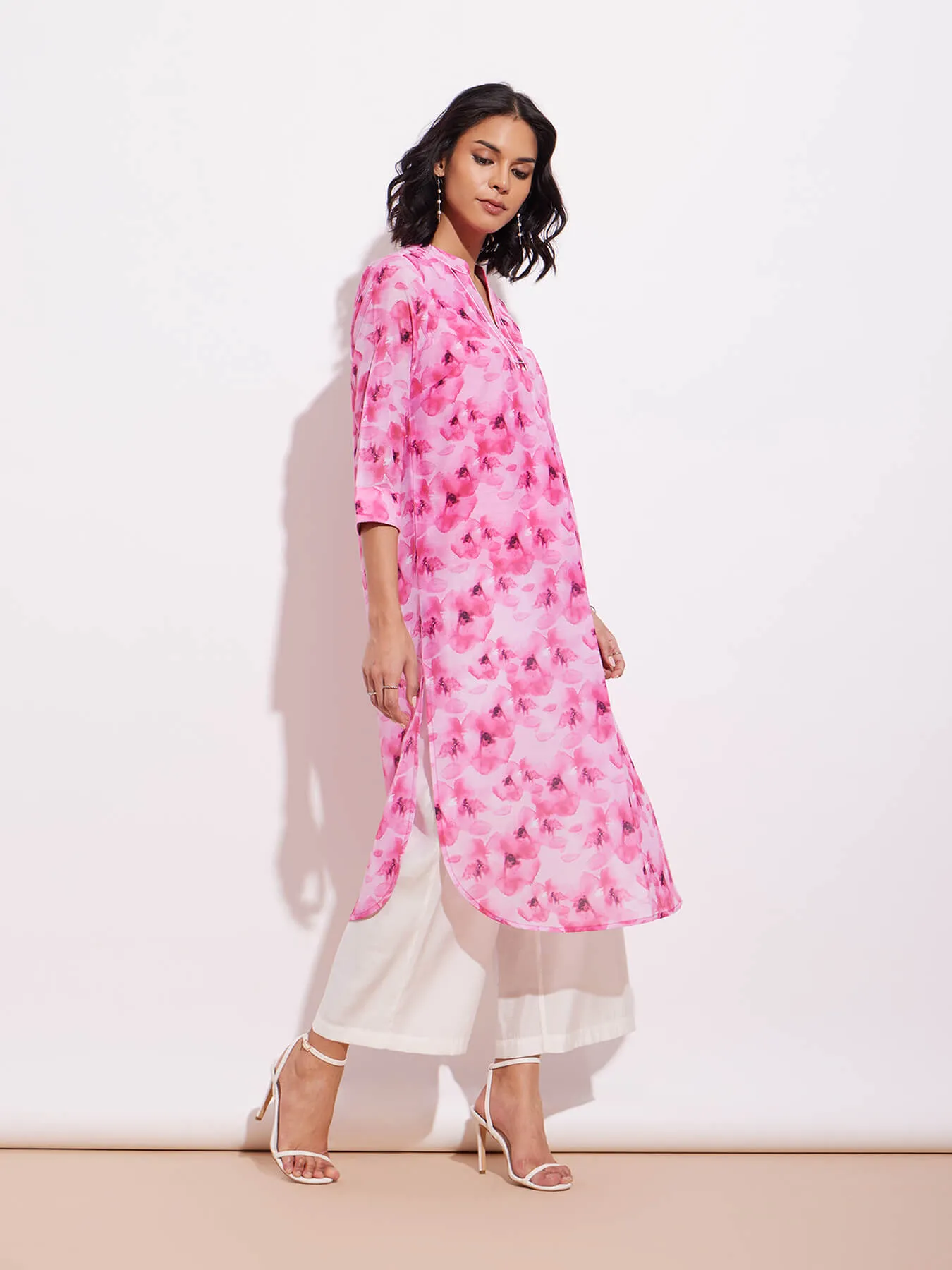 Chanderi Floral Kurta Set - Pink