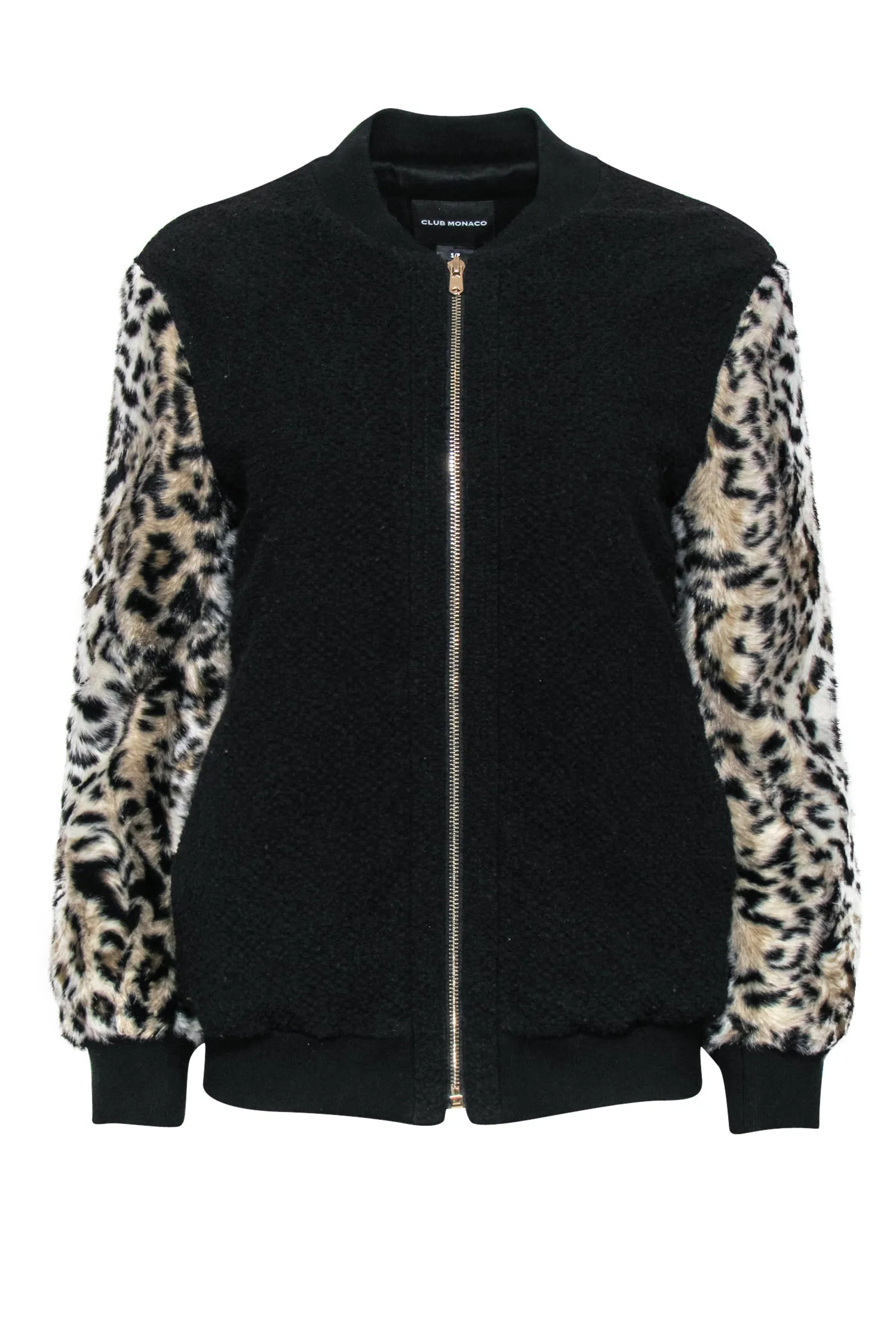 Club Monaco - Black Zip-Up Bomber Jacket w/ Faux Fur Leopard Print Sleeves Sz S