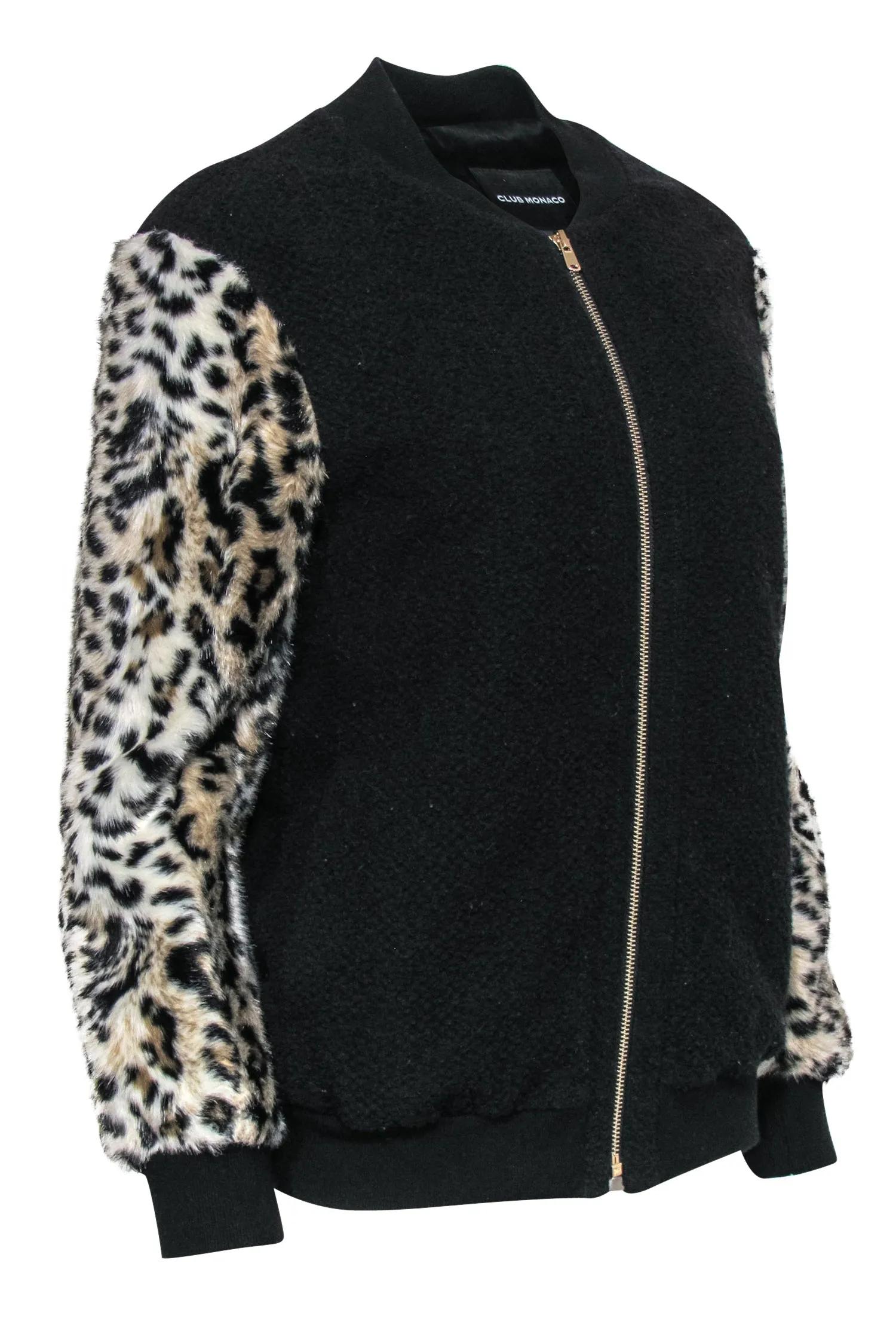 Club Monaco - Black Zip-Up Bomber Jacket w/ Faux Fur Leopard Print Sleeves Sz S