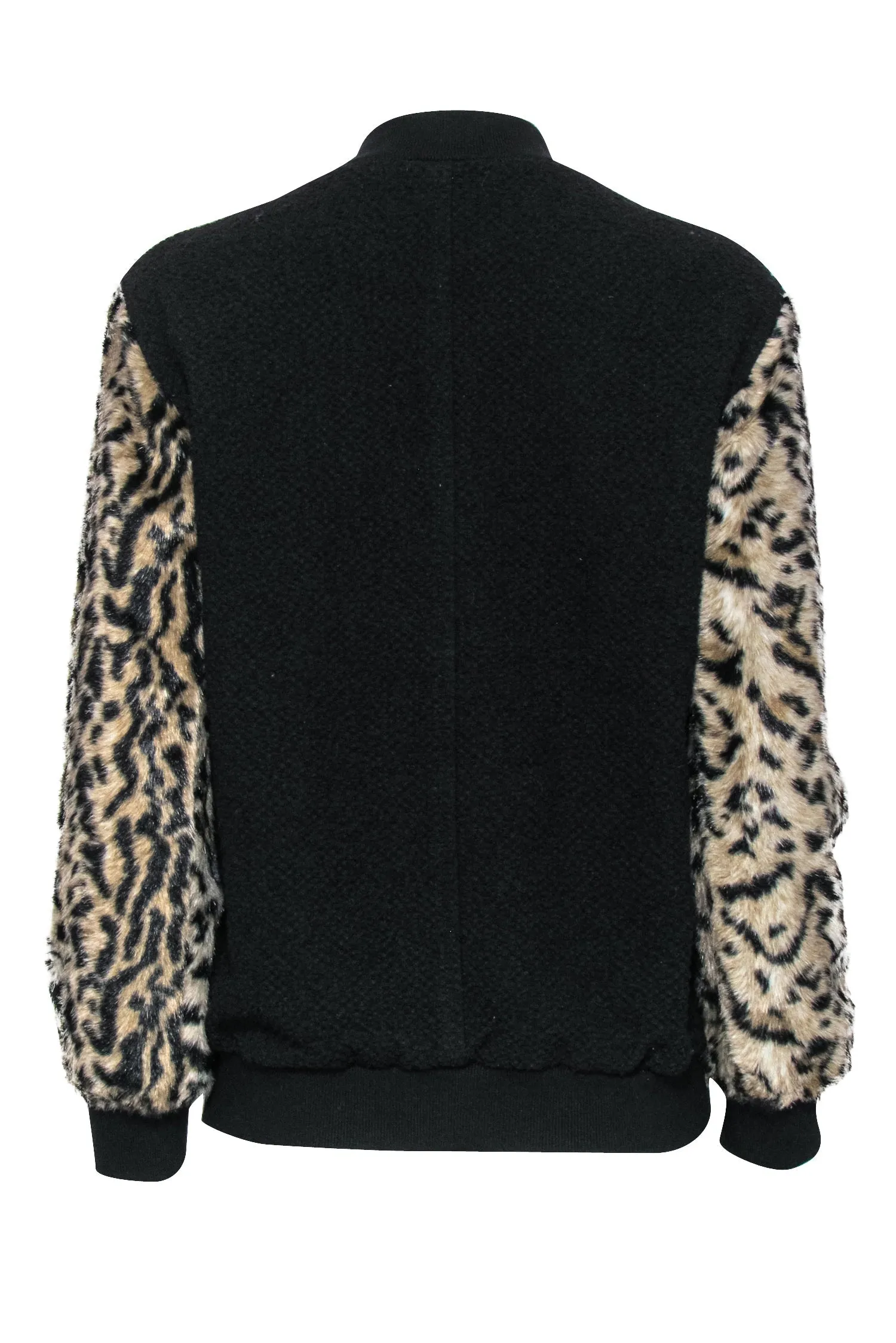 Club Monaco - Black Zip-Up Bomber Jacket w/ Faux Fur Leopard Print Sleeves Sz S