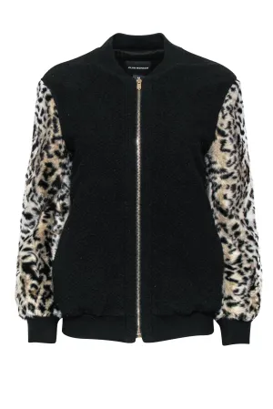Club Monaco - Black Zip-Up Bomber Jacket w/ Faux Fur Leopard Print Sleeves Sz S