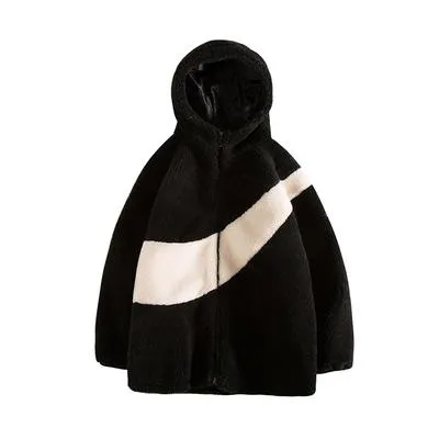 Contrast Colors Plush Faux Fur Hooded Loose Coat Jacket
